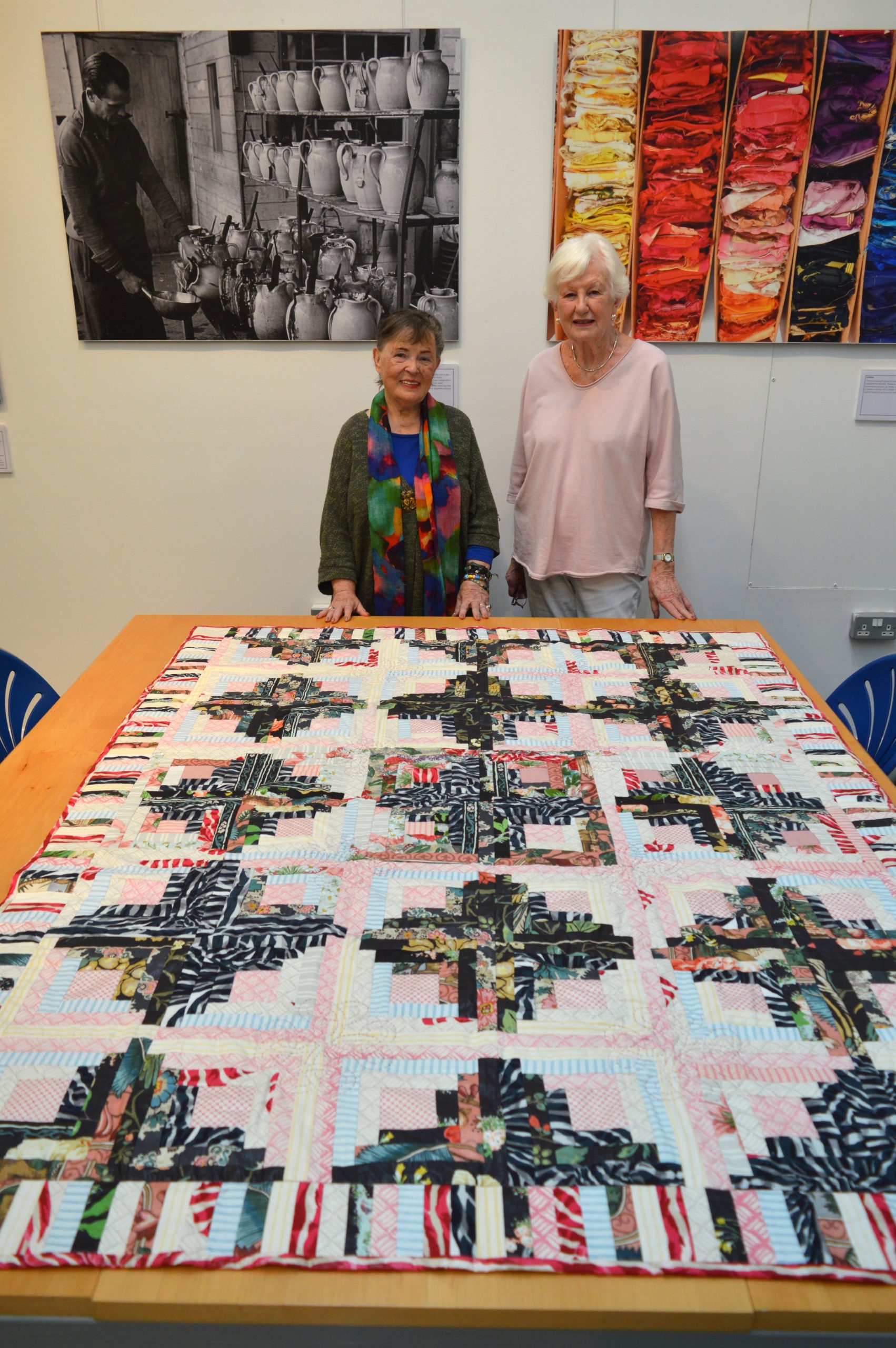DSC_0433 Mary Schoeser and Chris Helm with the finished patchwork quilt