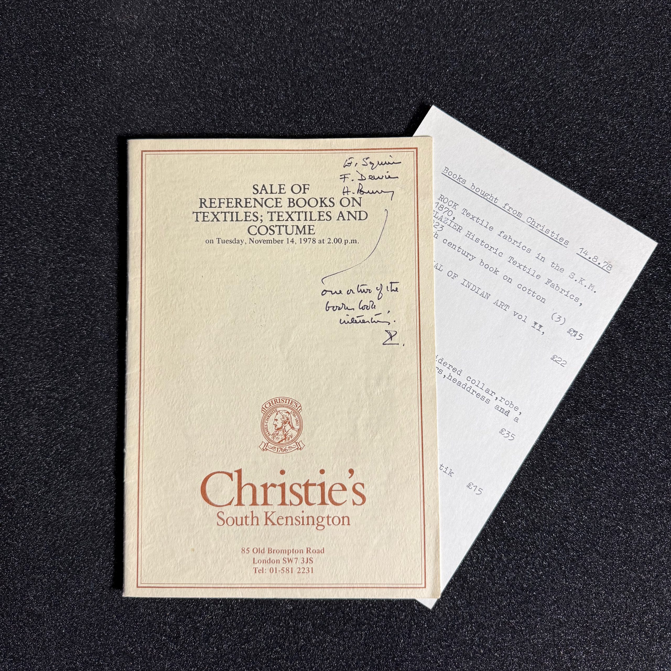 Pic3 Christie’s 1978 auction catalogue with the handwritten names E. Squires, F. Davies and H. Bury, and a typed index card of books bought